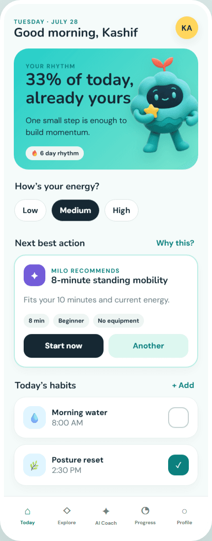 Milo Wellness mobile app daily dashboard