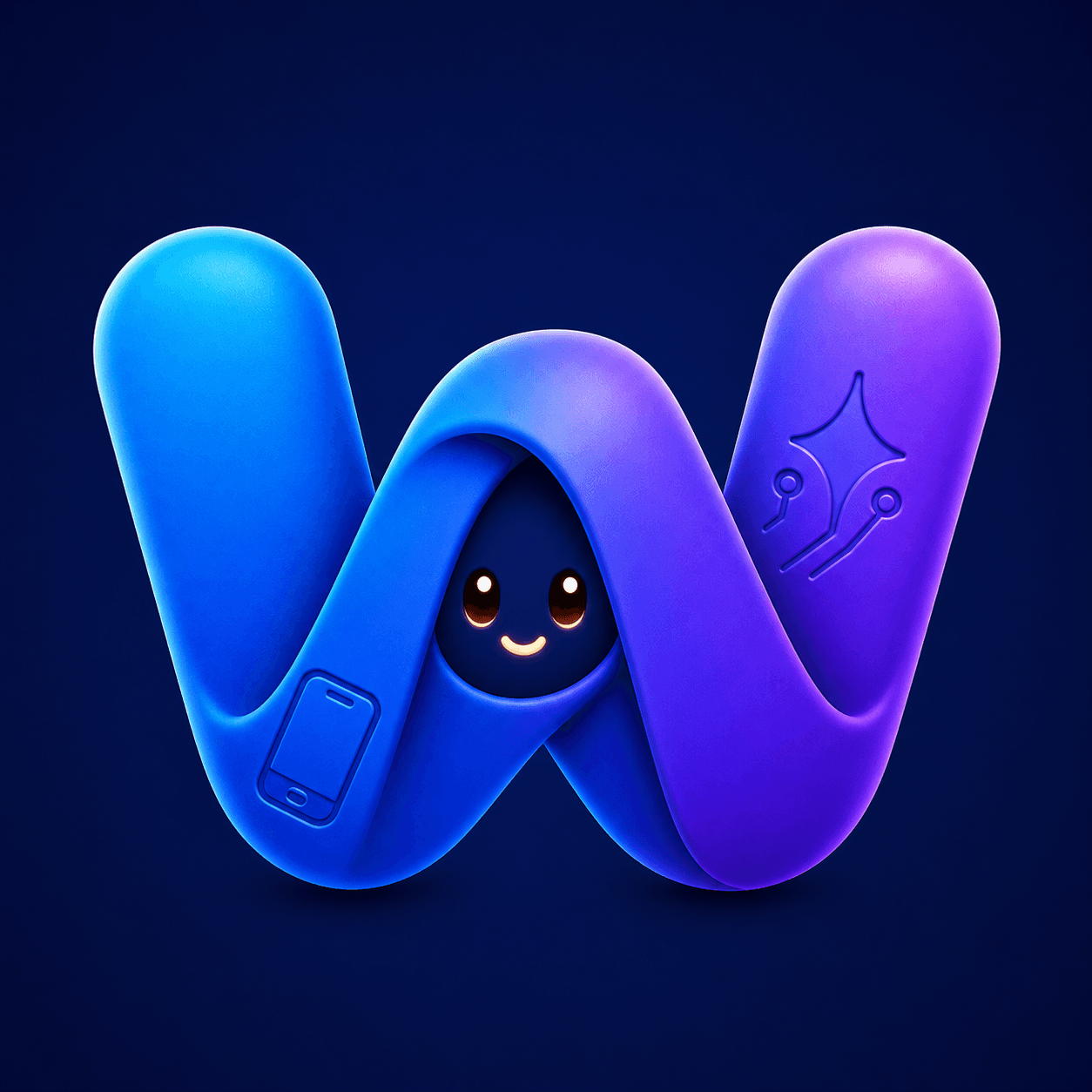 Wraplet W studio mascot with mobile and AI symbols